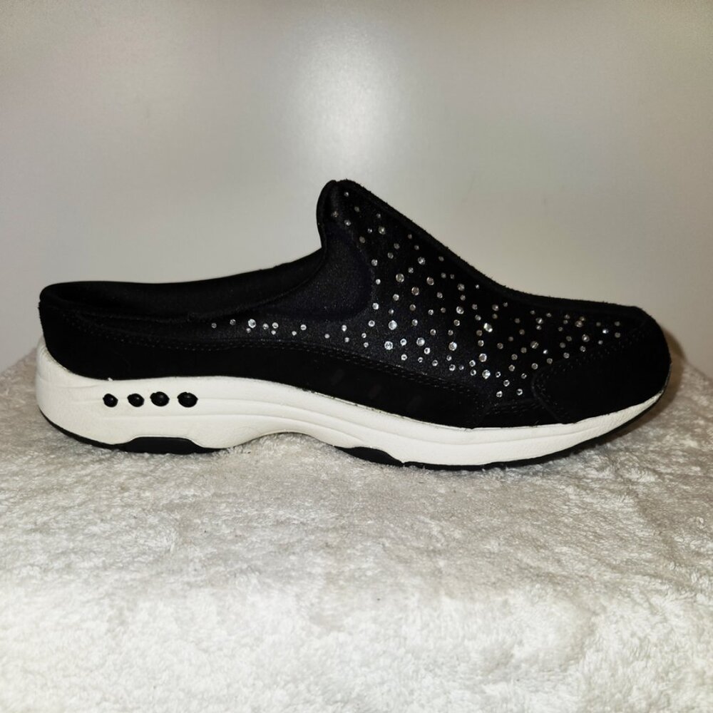NIB EASY SPIRIT BLACK SLIP-ONS 6B MICRO-FIBER WITH CLEAR CRYSTAL EMBELLISHMENTS